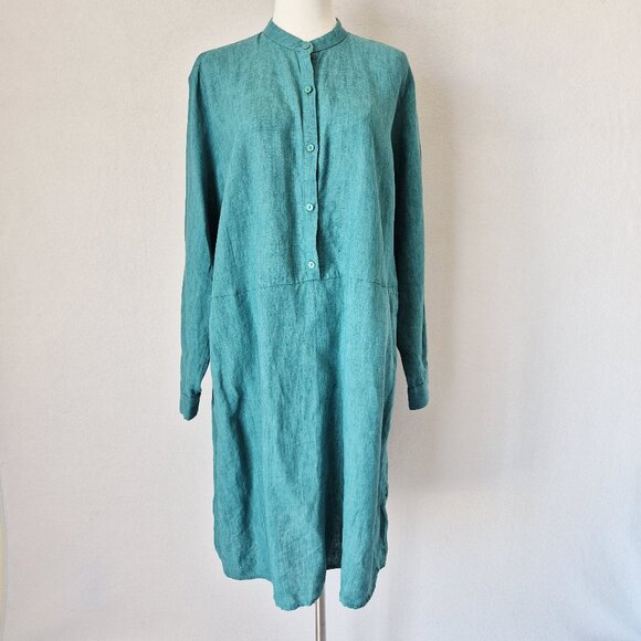 EILEEN FISHER Washed Organic Linen Delave Shirt Dress Long Sleeve Green - Picture 5 of 15